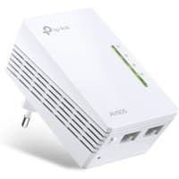 White TP-Link AV600 Wi-Fi Powerline Extender with dual Ethernet ports and LED indicators on the front.
