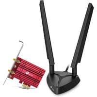 TP-Link AXE5400 Wi-Fi 6E PCIe adapter with red heatsink and dual black antennas on a triangular base.