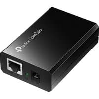 Black TP-Link PoE Injector with Ethernet port, power input, and LED indicator on sleek rectangular design.