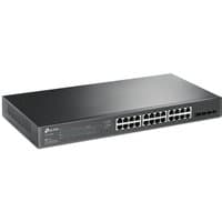 Black TP-Link JetStream 28-Port Gigabit Smart PoE Switch with 24 PoE+ ports and LED indicators on the front panel.