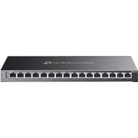 Black TP-Link Omada 16-Port Gigabit Smart Switch with 8-Port PoE+, sleek design, front-facing ports.