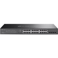 Black TP-Link Omada 28-Port Gigabit Smart Switch with 16 PoE+ ports and LED indicators on the front panel.