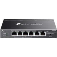 Black TP-Link Omada ES206GP network switch with 8 Ethernet ports and PoE capability, sleek rectangular design.