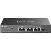 Black TP-Link Omada Multi-Gigabit VPN Router with six Ethernet ports and USB port on the front panel.