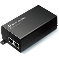 Black TP-Link Omada PoE+ Injector Adapter with two Ethernet ports and TP-Link logo on top.