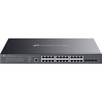 Black TP-Link Omada SG3428XMPP network switch with 24 Ethernet ports, 4 SFP slots, and PoE support in a 1U design.