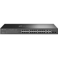 Black TP-Link Omada SL2428P Ethernet switch with 24 ports, LED indicators, and sleek metal casing.