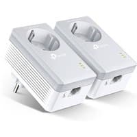 White TP-Link Powerline adapters with passthrough sockets, Ethernet port, and LED indicators, set of two.
