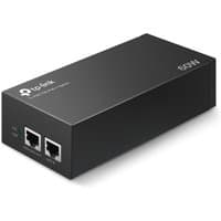 Black TP-Link PoE++ Injector Adapter with two Ethernet ports and LED indicators on the side.
