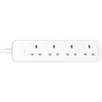 White TP-Link Tapo P304M power extension with 4 AC outlets, 1.5m cord, rectangular design, and subtle branding.