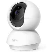 White TP-Link Tapo pan/tilt home security WiFi camera with black lens and spherical design.