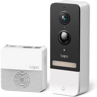 TP-Link Tapo smart video doorbell camera kit with black faceplate, lens, button, and white chime box.