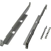 Black adjustable metal rack rails with mounting holes and included screws for 1U server installation.