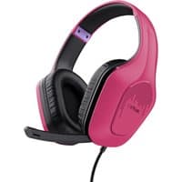 Pink Trust GXT 415P Zirox gaming headset with wired connection, black cushioned ear pads, and adjustable headband.