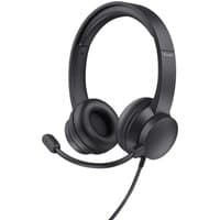 Black Trust HS-150 wired headset with cushioned ear pads, adjustable headband, and attached microphone.
