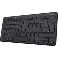 Black Trust Lyra wireless keyboard, compact QWERTY UK layout, USB, RF, Bluetooth connectivity, sleek design.