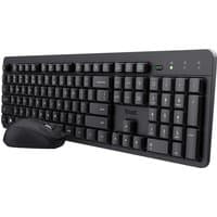 Black Trust Ody II wireless keyboard and mouse, QWERTY layout, UK English, sleek design with LED indicators.