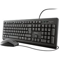 Black Trust TKM-250 USB QWERTY keyboard with UK layout and wired mouse, sleek design with numeric keypad.