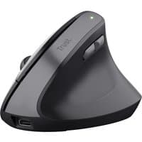 Black Trust TM-270 wireless optical mouse, ergonomic vertical design, right-hand use, USB port, two side buttons.