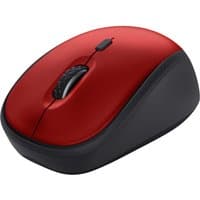 Red and black Trust Yvi+ wireless optical mouse, right-hand design, with scroll wheel and 1600 DPI precision.