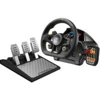 Black Turtle Beach VelocityOne race wheel with buttons, magnetic paddle shifters, and silver pedal system for Xbox.