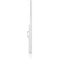 White Ubiquiti Unifi AC Mesh device with slim vertical design and external antenna, supports Power over Ethernet.