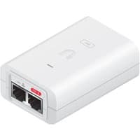 White Ubiquiti PoE adapter with dual Ethernet ports, LED indicator, and compact rectangular design.