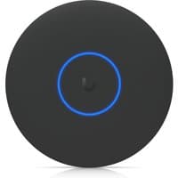 Black Ubiquiti U7 Pro XG wireless access point with blue LED ring and sleek round design.