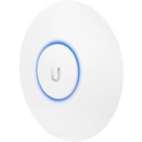 White Ubiquiti UAP-AC-PRO wireless access point with circular design and blue LED ring indicator.