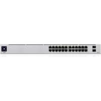 Ubiquiti UniFi 24-Port PoE switch, white with black ports, LED indicators, and two SFP ports on the right.