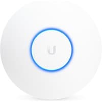 White Ubiquiti UniFi AC HD access point with blue LED ring and sleek circular design.
