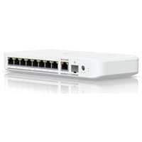 White Ubiquiti UniFi Flex 2.5G PoE switch with eight Ethernet ports and sleek, compact design for desktop or wall-mounting.