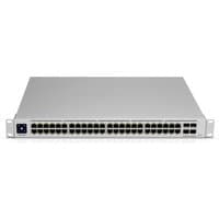 Silver Ubiquiti UniFi USW-PRO-48 network switch, 48 Ethernet ports, 1U rack-mountable design, black power button.