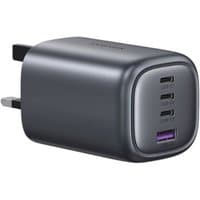 Black Ugreen 100W fast charger with three USB-C ports and one USB-A port, featuring a sleek, rounded design.