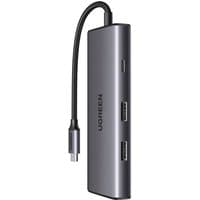 Grey Ugreen USB Type-C hub with three USB ports, Ethernet port, and attached cable.