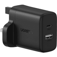 Black Ugreen 20W dual port PD charger with USB-C and USB-A ports, compact design, UK plug.