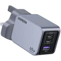 Grey Ugreen Nexode Pro AC fast charger with dual USB-C ports and one USB-A port, 65W power output.