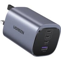 Gray Ugreen NEXODE S 100W GAN charger with two USB-C ports and one USB-A port, compact design with UK plug.