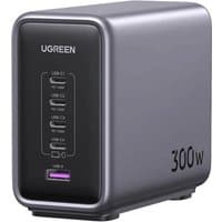 Black Ugreen Nexode universal AC fast charger with multiple USB ports and sleek rectangular design.