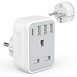 White UK to EU travel adapter with 4 USB ports, including 1 USB-C, and grounded plug, by Omivine.