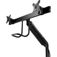 Black V7 dual monitor mount with heavy-duty gas spring arm and adjustable VESA brackets.