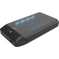 Black V7 UV sterilizer with wireless charging, transparent lid, digital display, fits smartphones up to 7 inches.