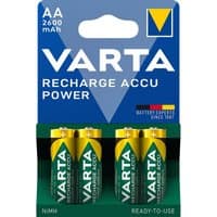 Varta AA rechargeable NiMH batteries, 1.2V 2500mAh, 4-pack blister, green and yellow design with blue packaging.