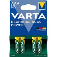Varta AAA rechargeable NiMH batteries, 1.2V 800mAh, in a blue and green 4-pack blister packaging.