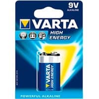 Blue and silver Varta 9V alkaline battery in blister pack with yellow triangle logo and "High Energy" text.