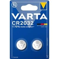Varta CR2032 lithium button cell battery pack, blue blister card with two round silver batteries visible.