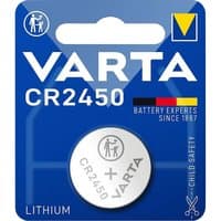Varta CR2450 lithium button cell battery in blue blister pack with safety icons and yellow triangle logo.