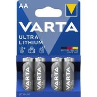 Varta Ultra Lithium AA batteries in a blue blister card with yellow and black logo, featuring four silver batteries.