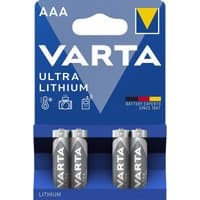 Varta Lithium Battery AAA 4-Blister Card, blue packaging with four silver batteries, icons for camera and flashlight.