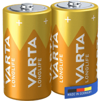 Varta Longlife C Batteries 2-pack, gold and silver design with white text, "Made in Germany" label.